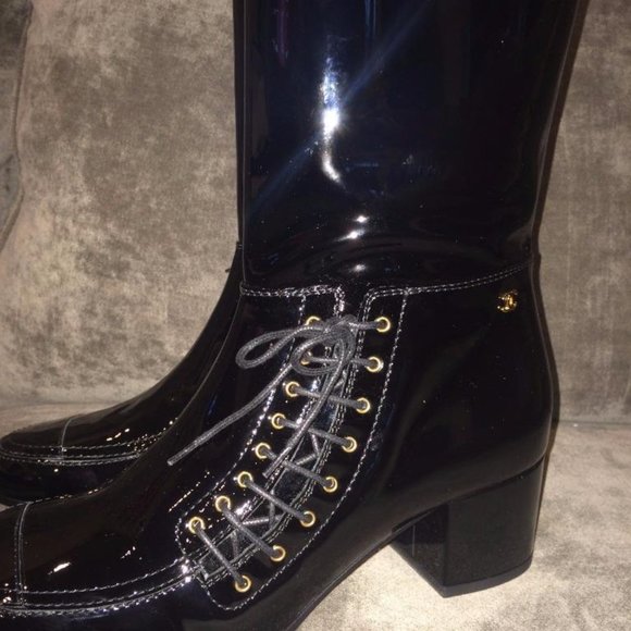 CHANEL 15A Patent Calf Leather Knee High Tall Lace Up Boots Shoes - Picture 14 of 16